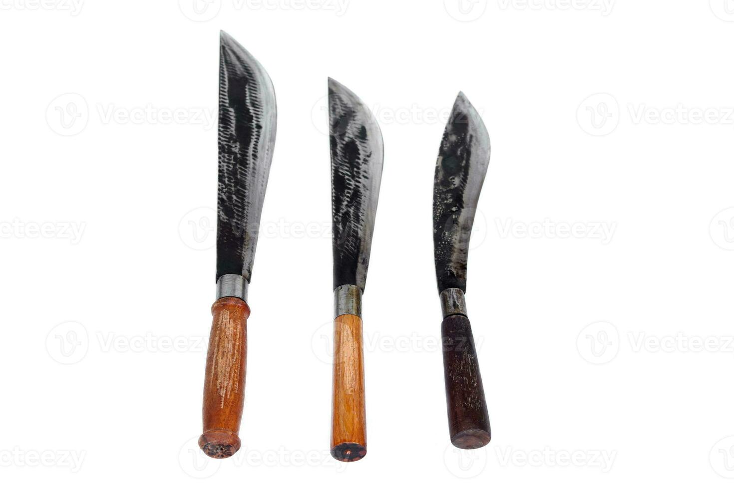 Collection of vintage knives, isolated on white background. Concept , Tool or equipment in kitchen, use for chopping, cutting when cooking or other purposes as weapon, hunting. knives in local kitchen photo
