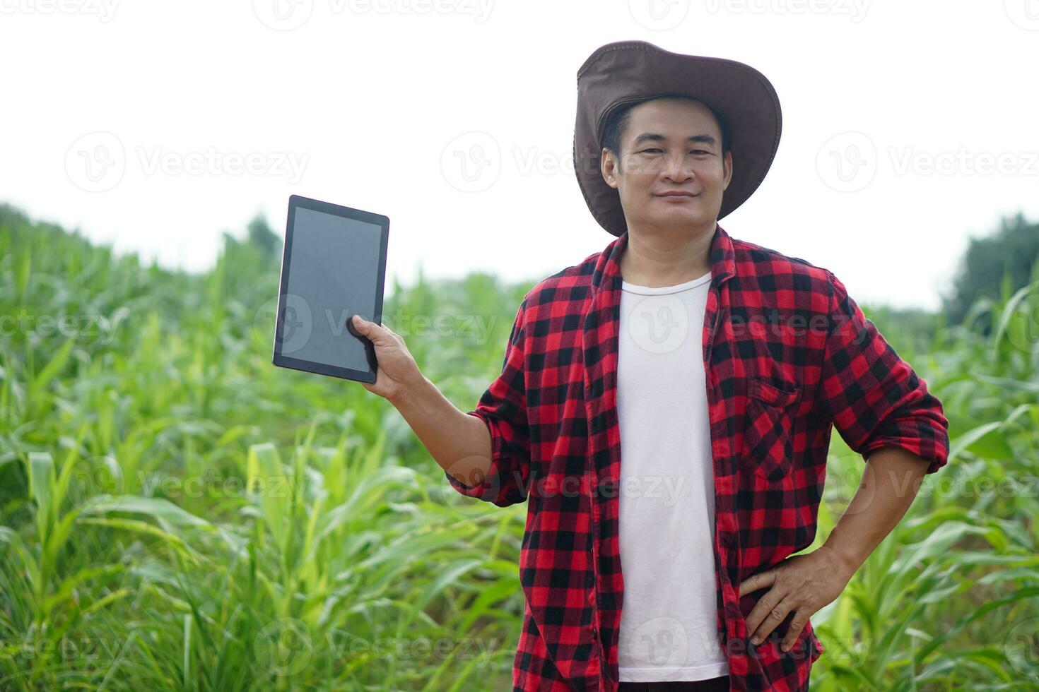 Handsome Asian man farmer wear hat, red plaid shirt, hold smart tabet, pose hand on waist, stand at maize garden. Concept. Agriculture occupation, survey and research to develope crops photo
