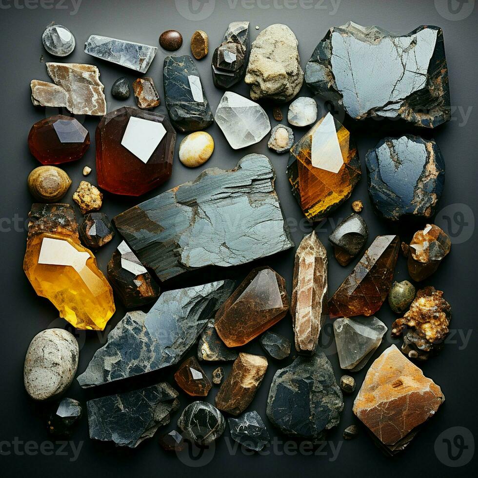 gold, silver, rough diamonds, bauxite, hematite, pyrolusite, galena, pyrite, chromite, lepidolite, and chalcopyrite. Collection of stones extracted in Brazil, mineralogy. photo
