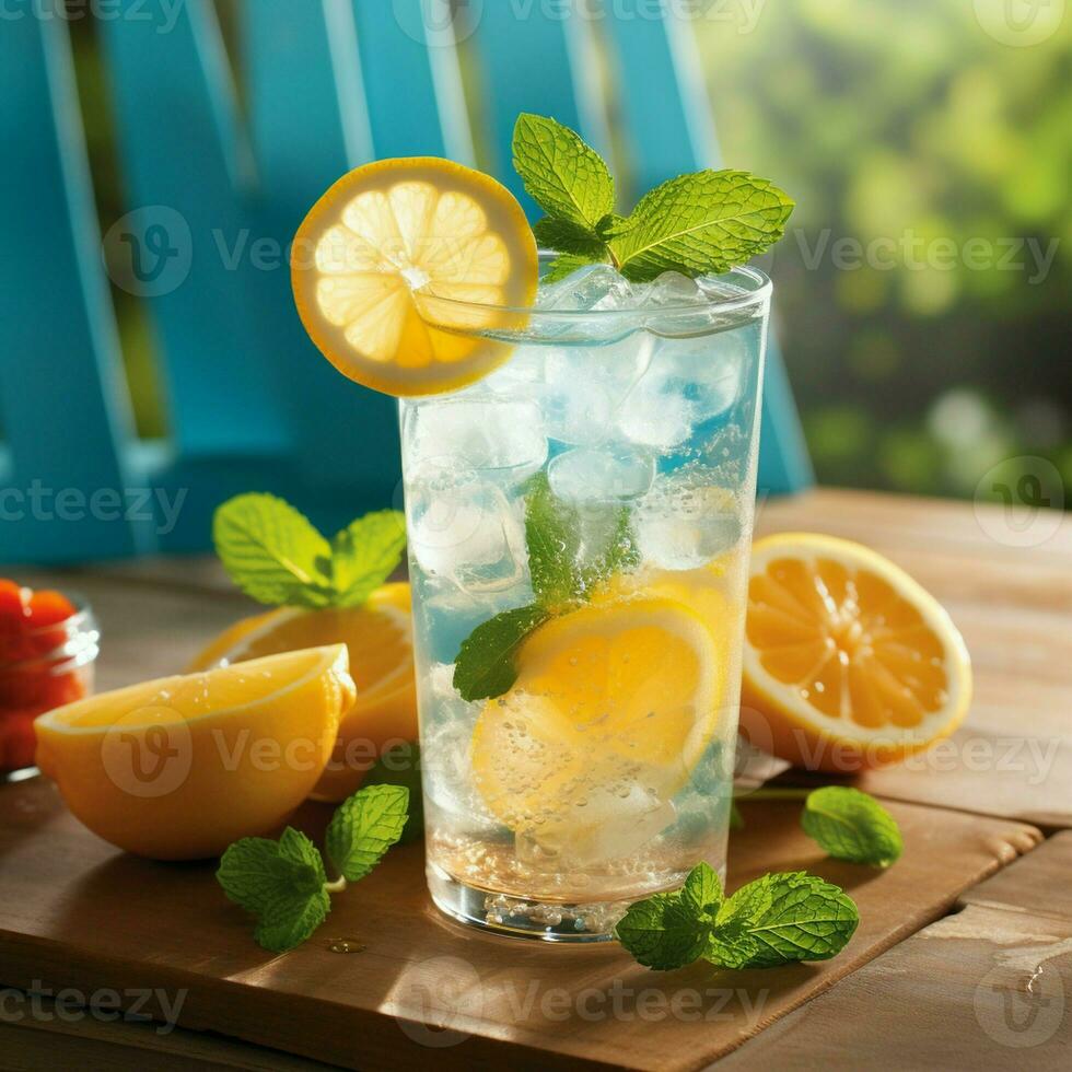 Enjoy a refreshing drink with ice cubes, lemon, and slices of fresh fruit in a light blue, icy, and transparent beverage. photo