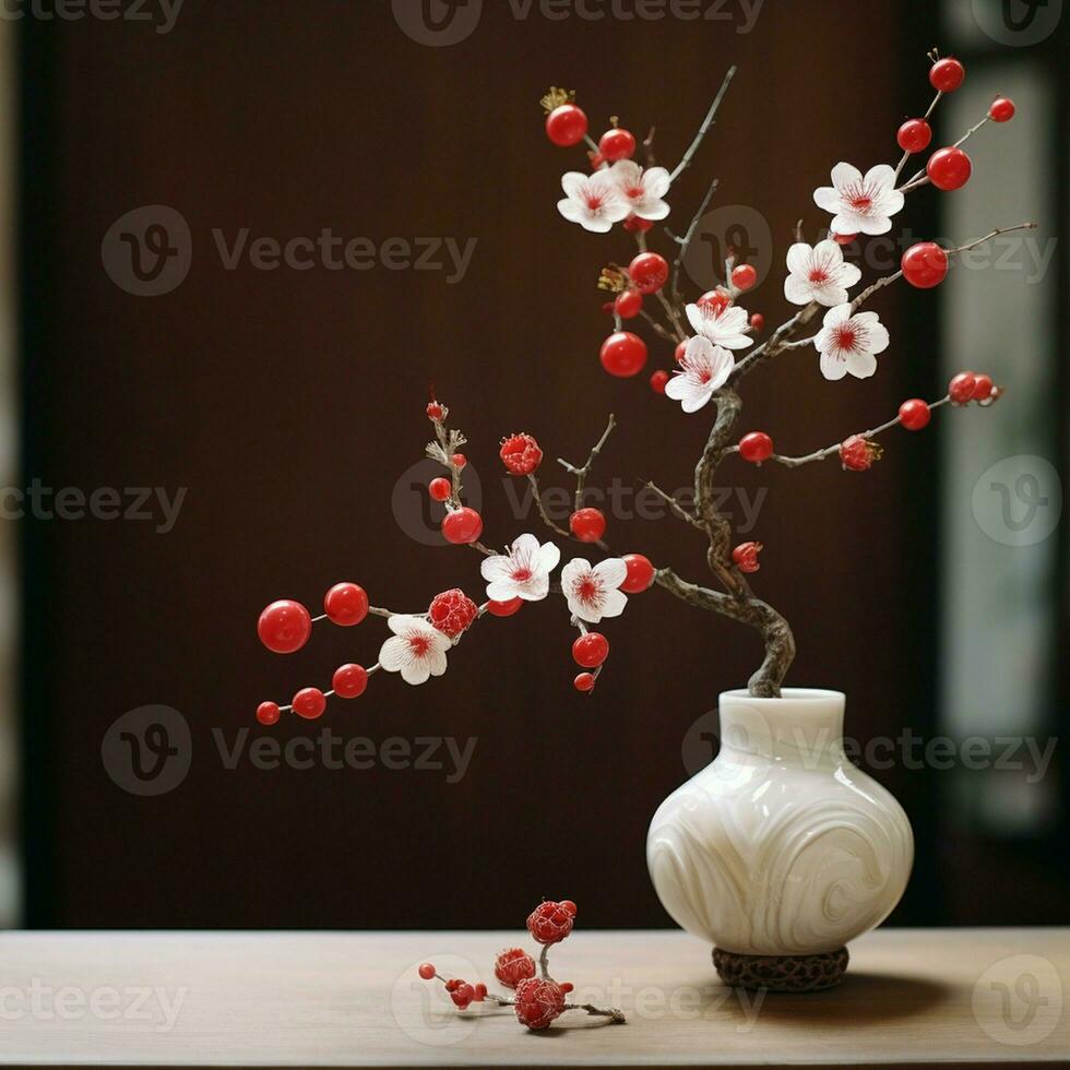 Ume is a Japanese plum and the red and white blossom is a congratulatory flower in Japan. photo
