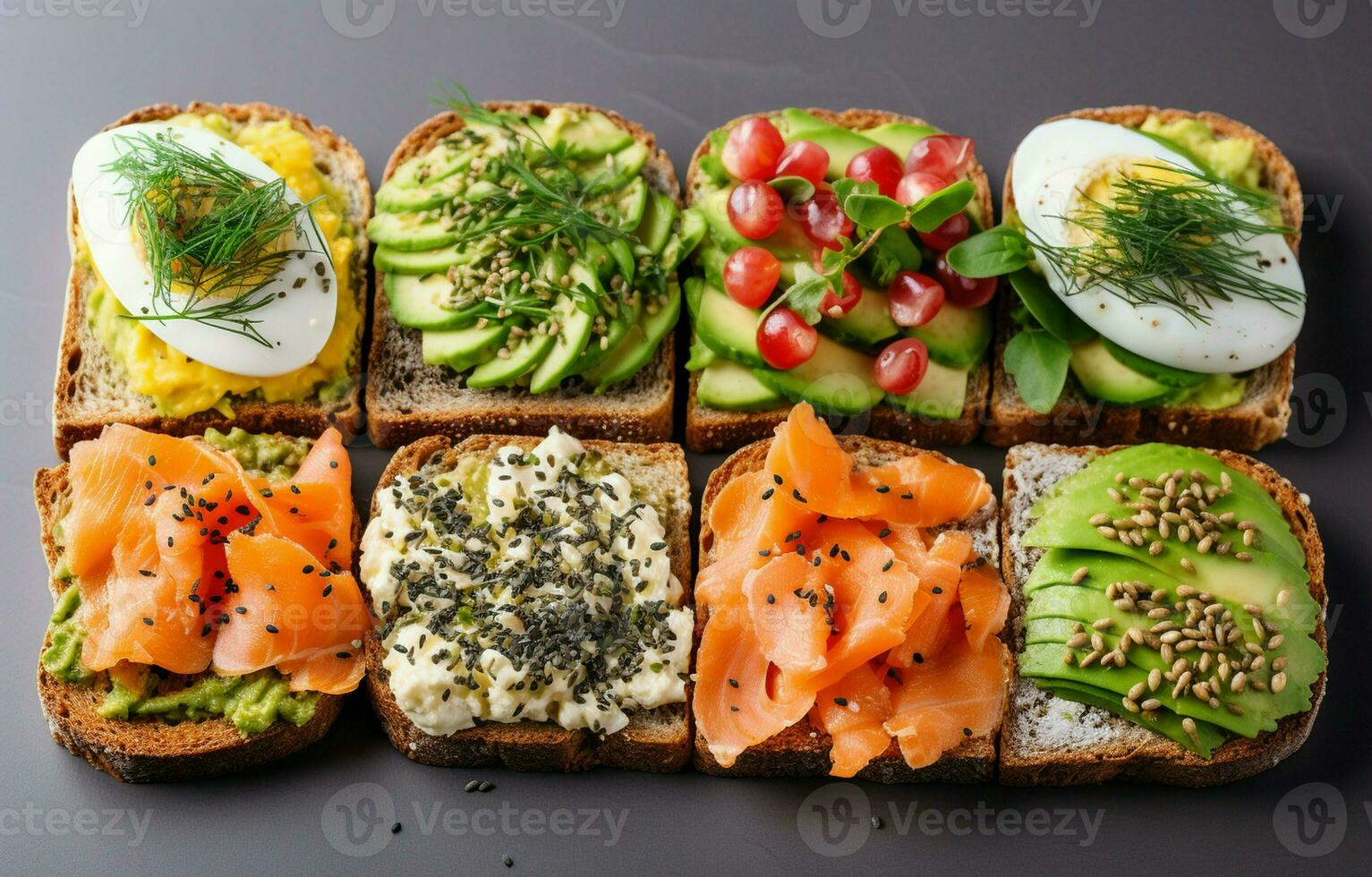 Superfood protein toast with delicious toppings on top avocado, salmon, eggs, vegetables, tomatoes, herbs, and cream cheese on a marble surface. Long wide banner with copy space. photo