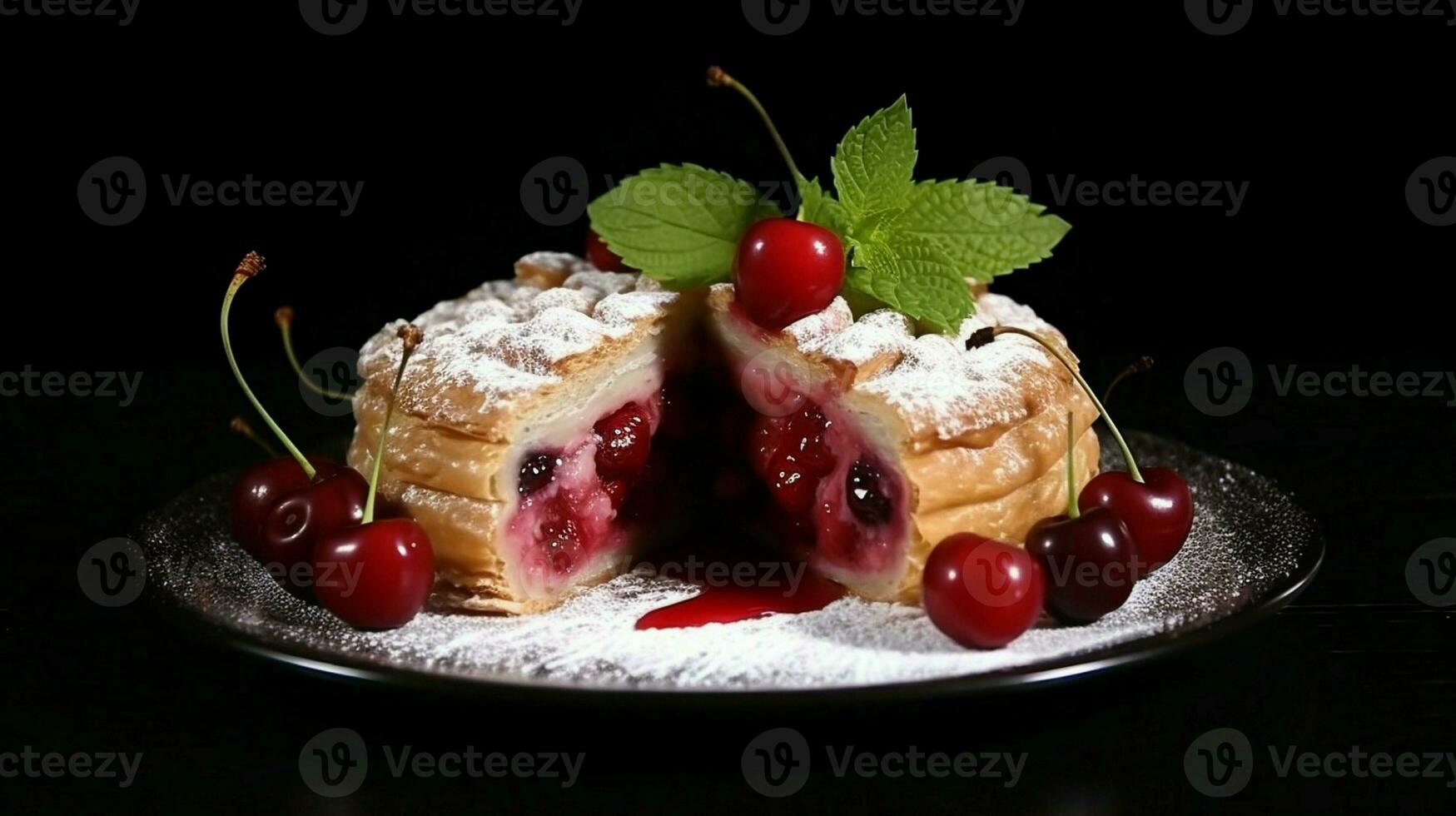 sabroso hecho en casa tarta con maduro jugoso Cereza y menta hojas giratorio en negro antecedentes. foto