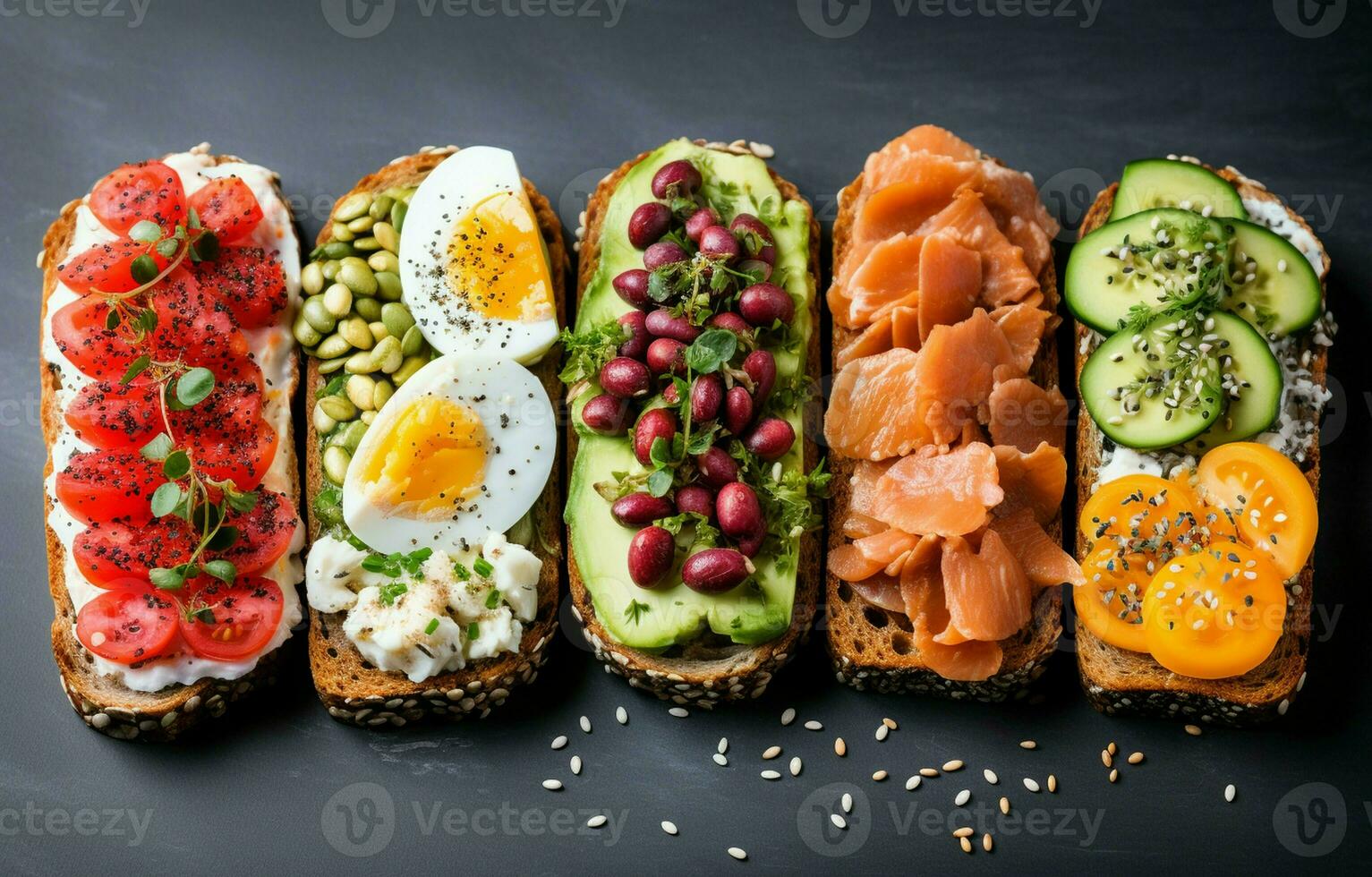 Superfood protein toast with delicious toppings on top avocado, salmon, eggs, vegetables, tomatoes, herbs, and cream cheese on a marble surface. Long wide banner with copy space. photo