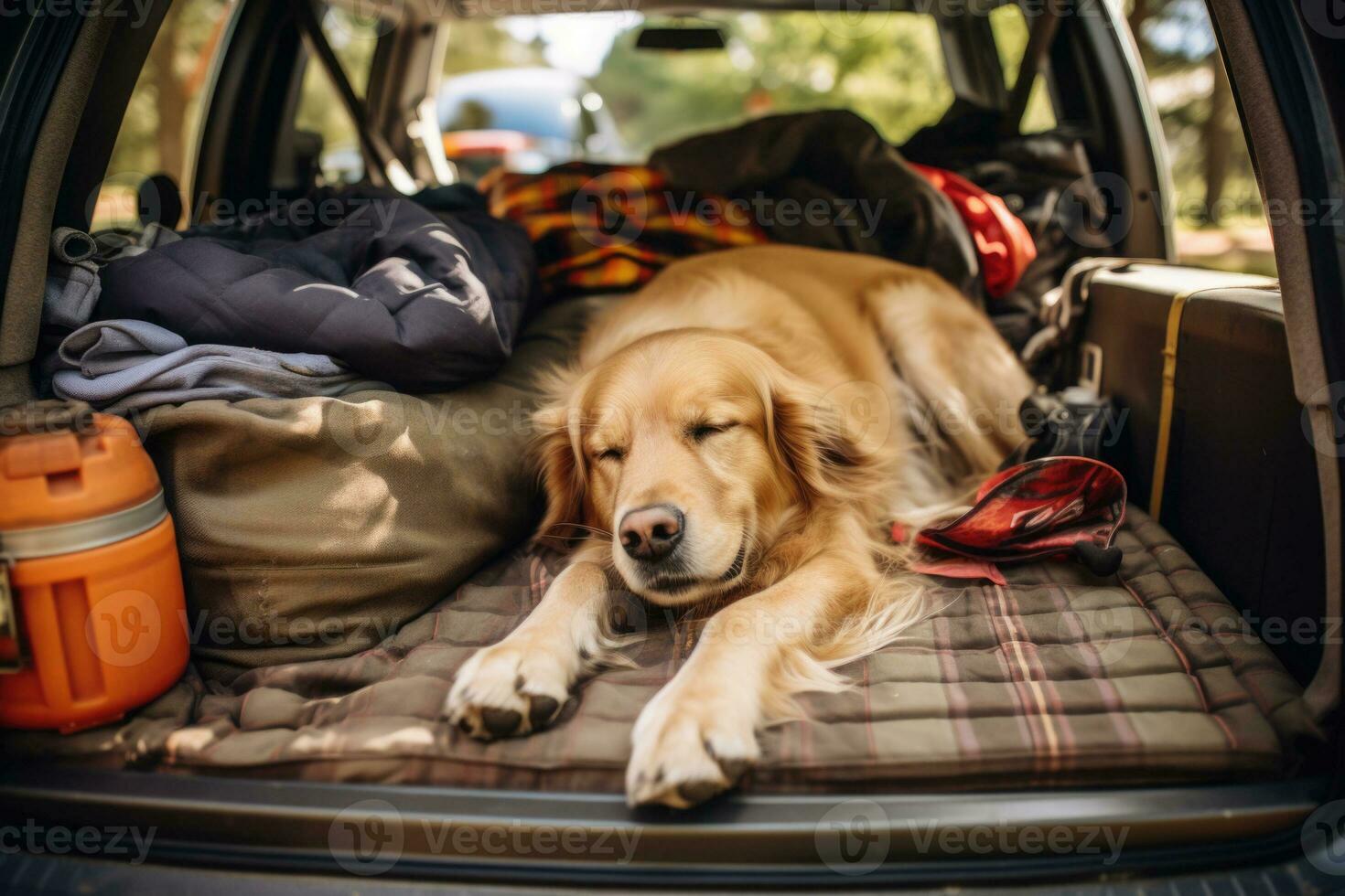 Cute dog sleeping in car. Road trip with pet. Generative AI photo
