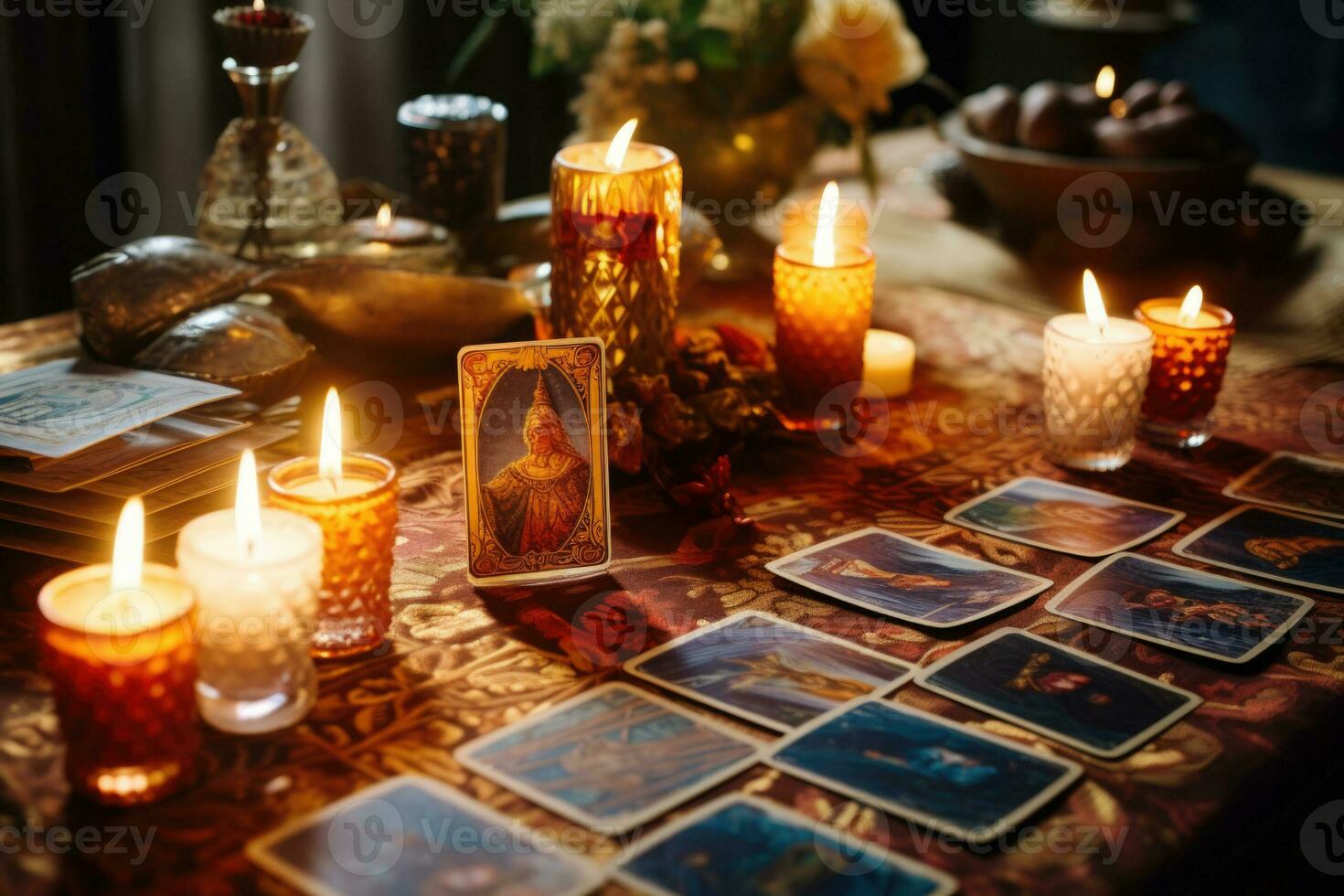 tarot tarjetas en de madera mesa. fortuna narración y leyendo futuro. generativo ai foto