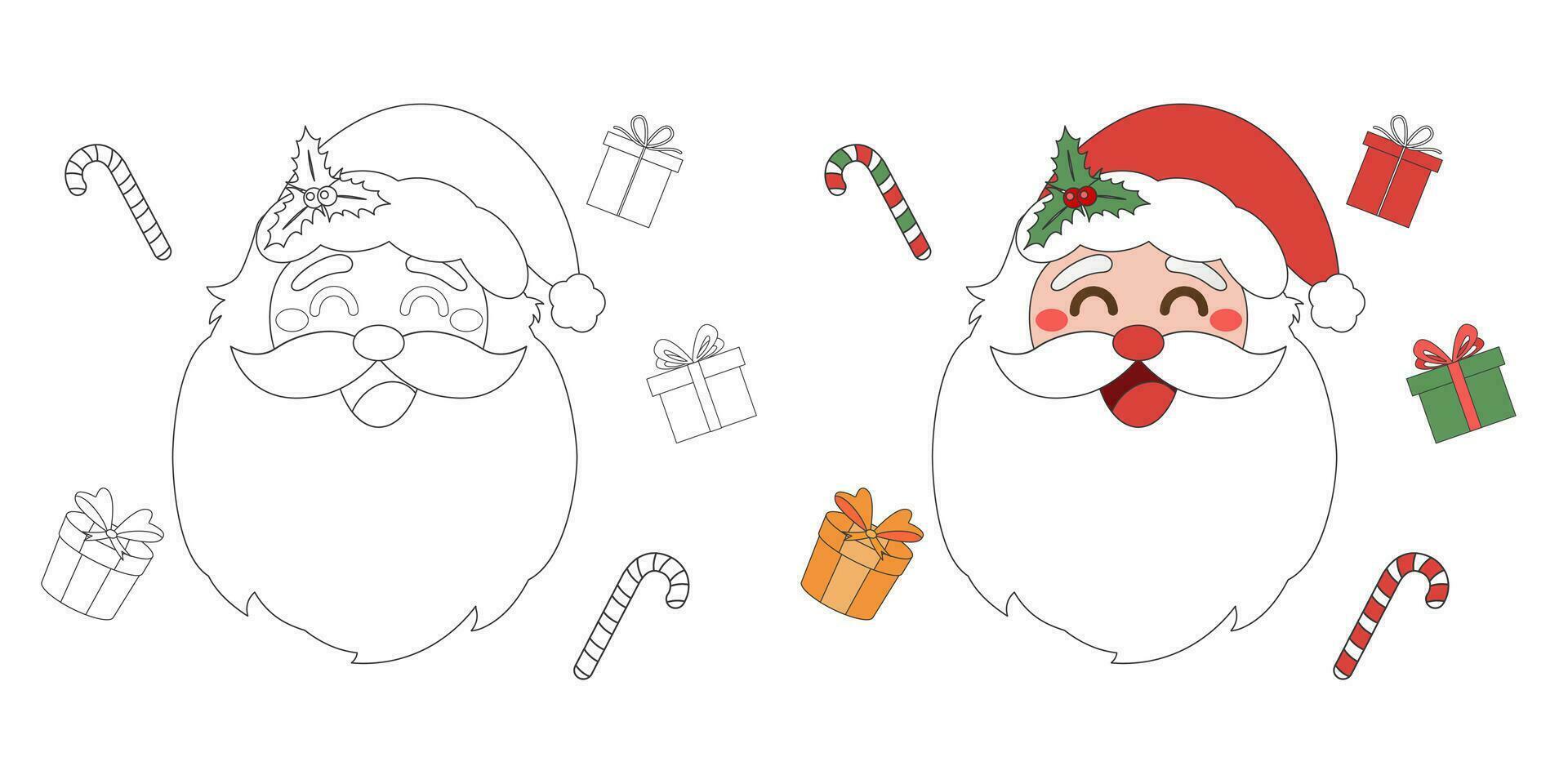 Christmas gift box with Santa Claus, Christmas theme line art doodle cartoon illustration, Coloring book for kids, Merry Christmas. vector
