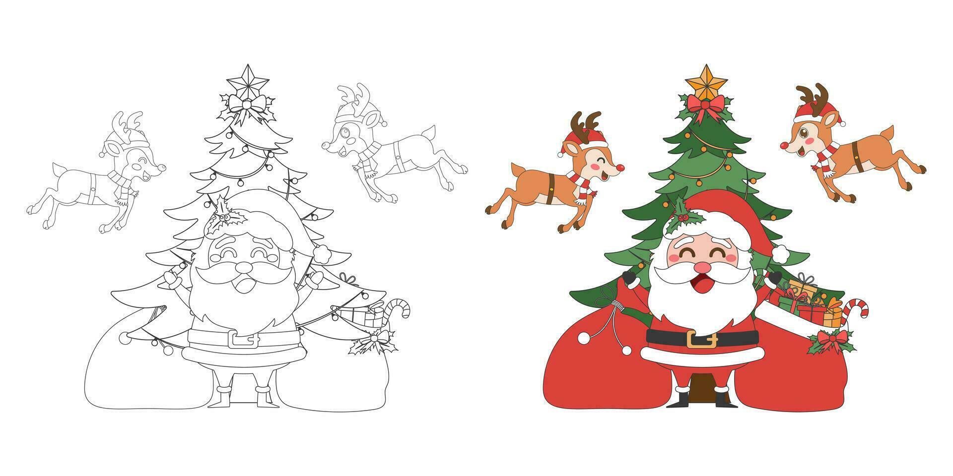 Santa Claus, reindeer with Christmas gift bag and Christmas tree, Christmas theme line art doodle cartoon illustration, Coloring book for kids, Merry Christmas. vector