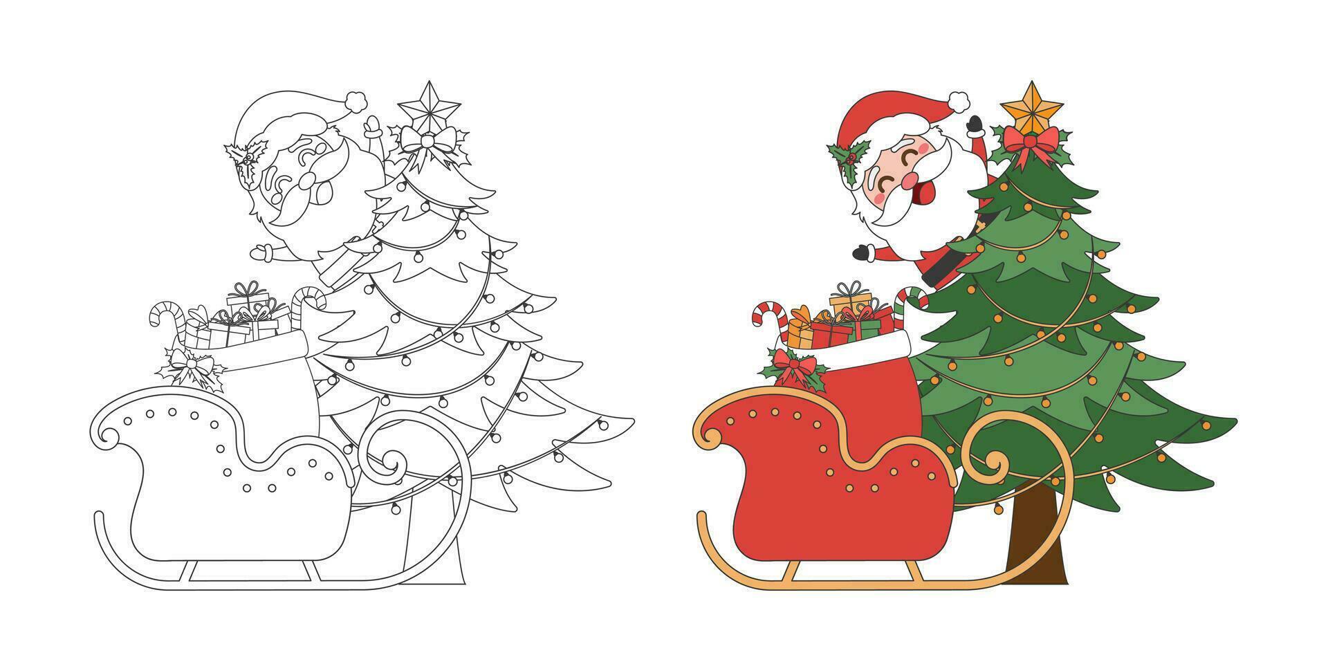 Santa Claus, Sleigh with Christmas gift bag and Christmas tree, Christmas theme line art doodle cartoon illustration, Merry Christmas. vector