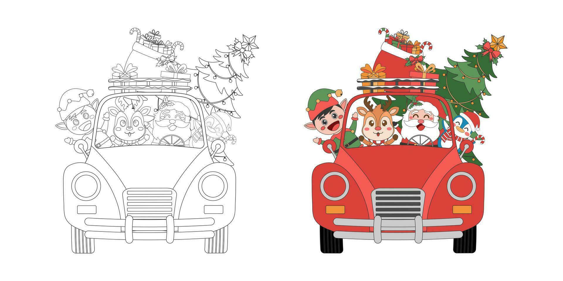 Papa Noel noel, reno, duende con Navidad árbol en Navidad camión, Navidad tema línea Arte garabatear dibujos animados ilustración, colorante libro para niños, alegre Navidad. vector