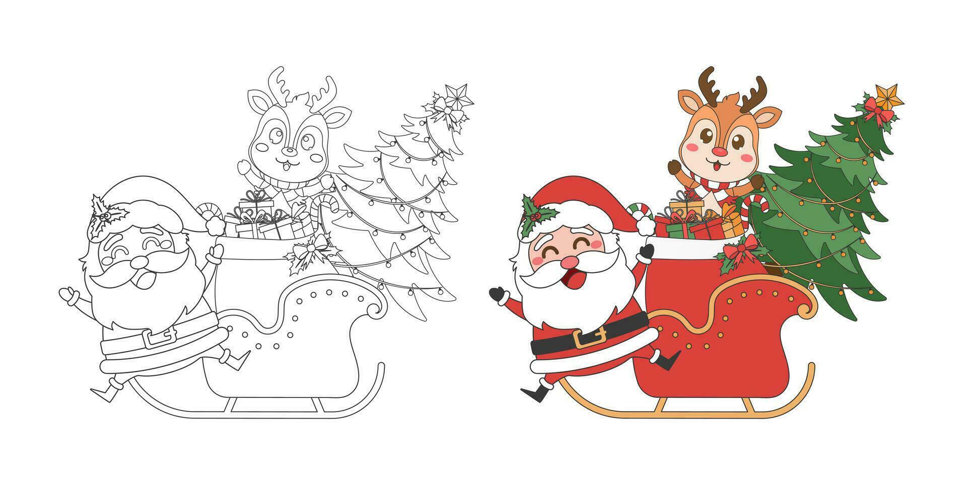Santa Claus, Reindeer, Sleigh and Christmas tree, Christmas theme line art doodle cartoon illustration, Merry Christmas. vector