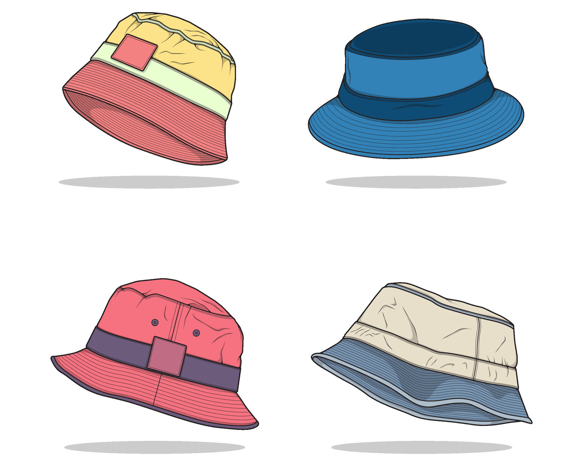 set of color full bucket hat drawing vector, color full bucket hat