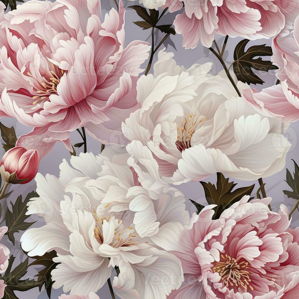 Peony floral seamless pattern, created with generative AI photo