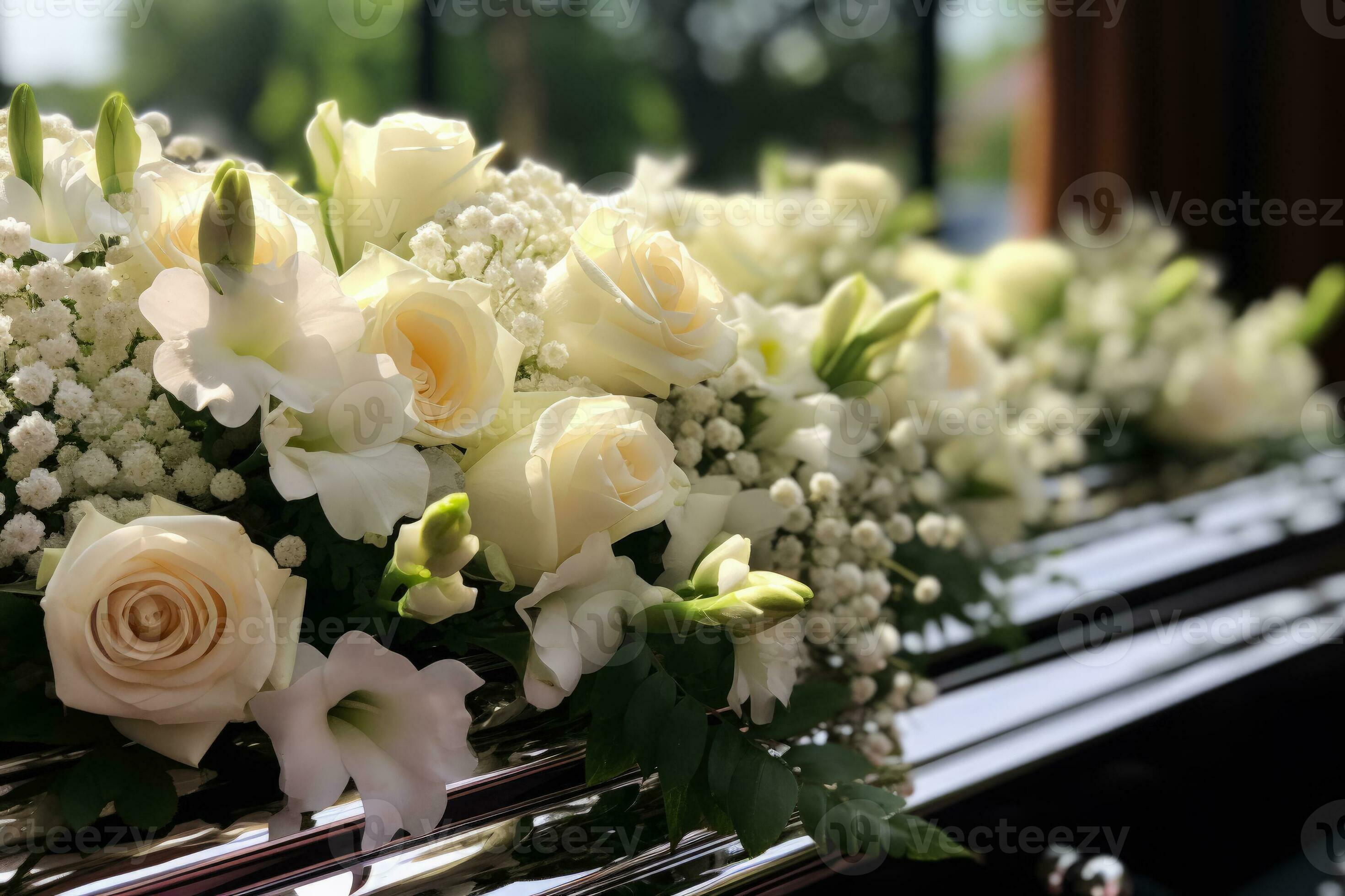 White Coffin with silver handles with white flowers at a funeral