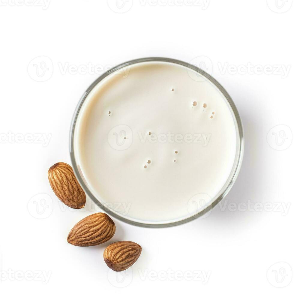 Almond milk isolated on white background top view photo