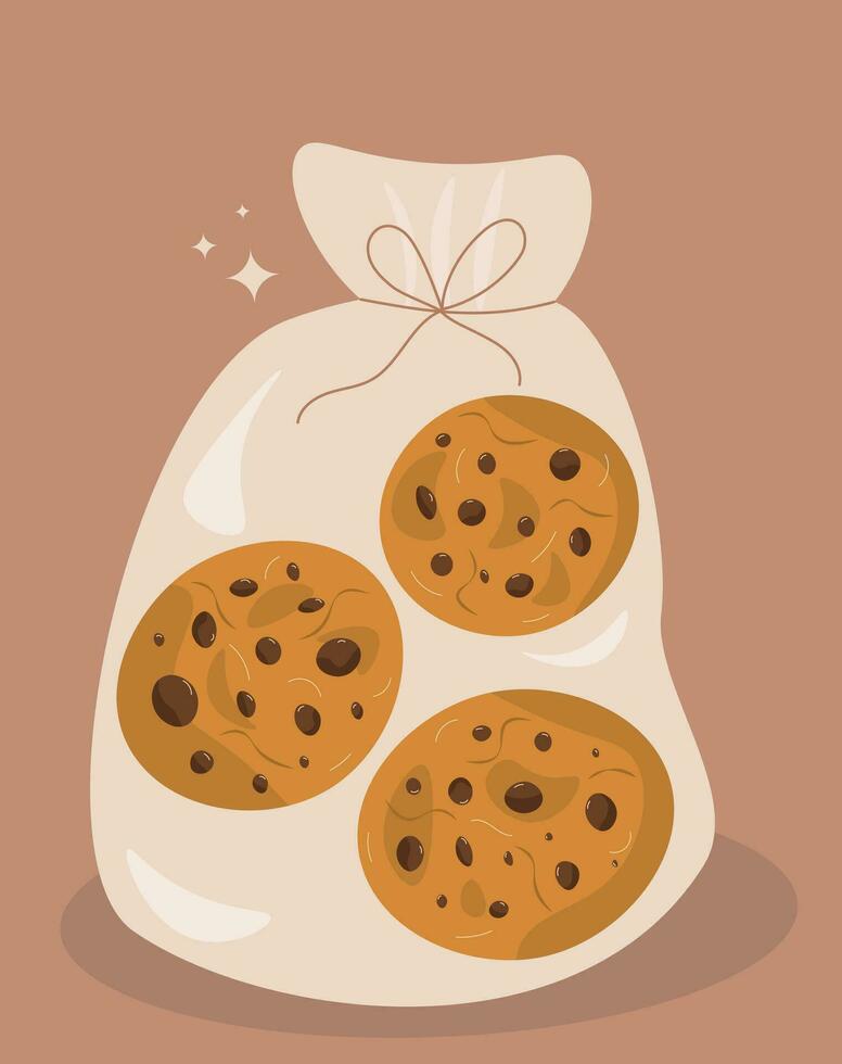 Chocolate chip cookies, cookies in a package, vector illustration, delicious cartoon cookies