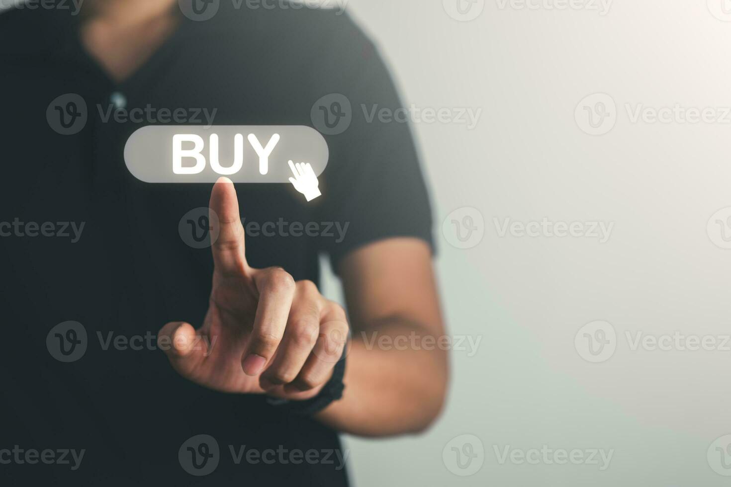 Businessman pointing Buy  text and icons. Business, marketing and shopping online concept. photo