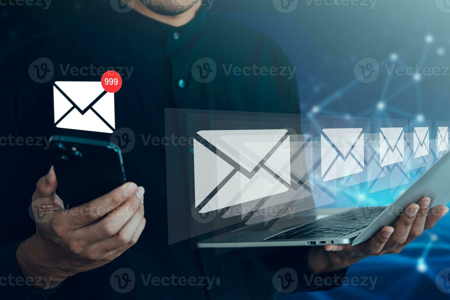 Businessman open the email message from smart phone. Information technology and network concept. photo