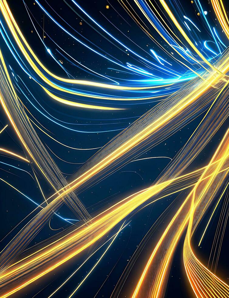 Data transfer technology concept with gold blue glowing neon moving high speed wave lines. Generative AI photo