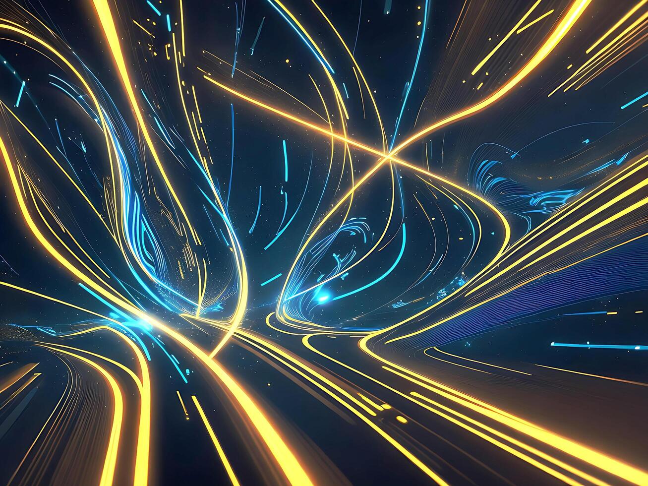 background with Gold blue glowing neon moving high speed wave lines and lights. photo