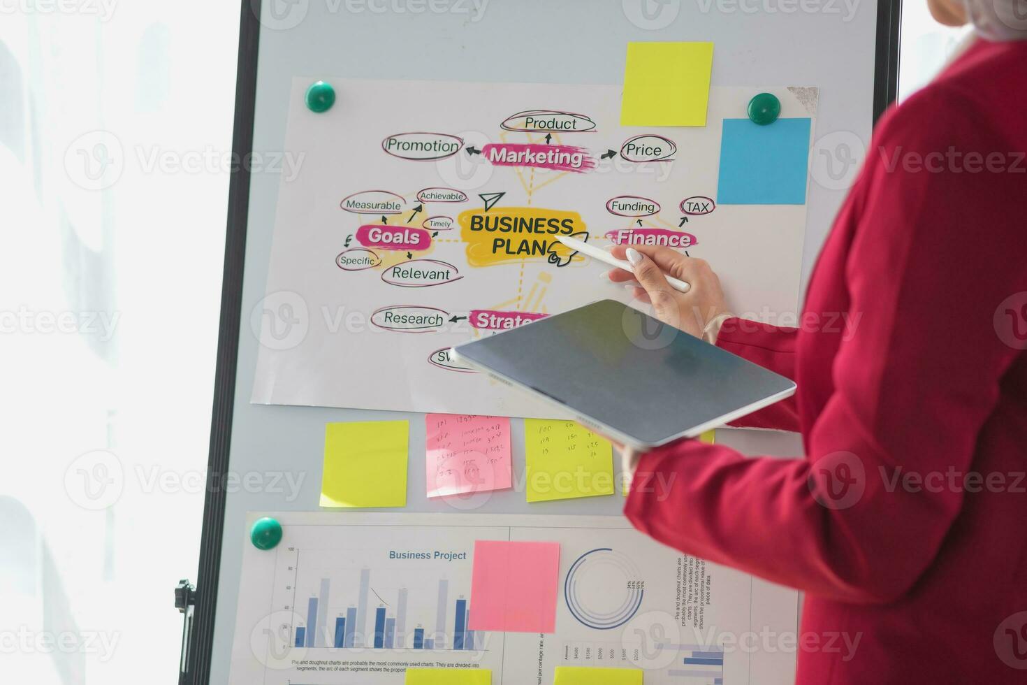 Asian businesswoman presenting a profitable company marketing plan with confidence at the office and future investment plans of the company with charts and graphs on the board. photo