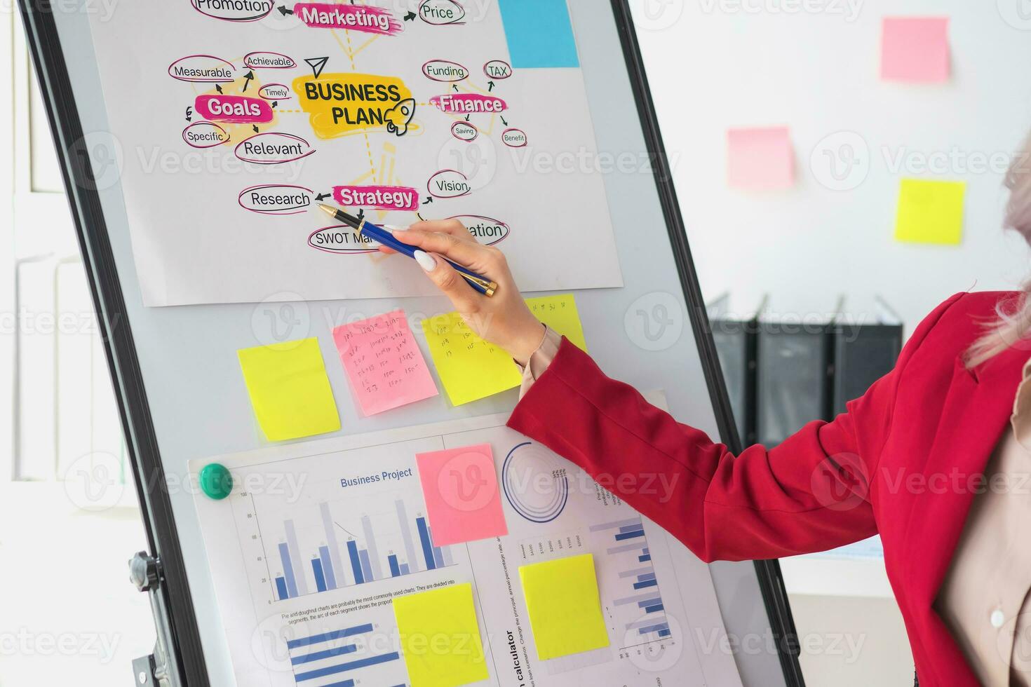 asiático mujer de negocios presentación un rentable empresa márketing plan con confianza a el oficina y futuro inversión planes de el empresa con cartas y gráficos en el tablero. foto