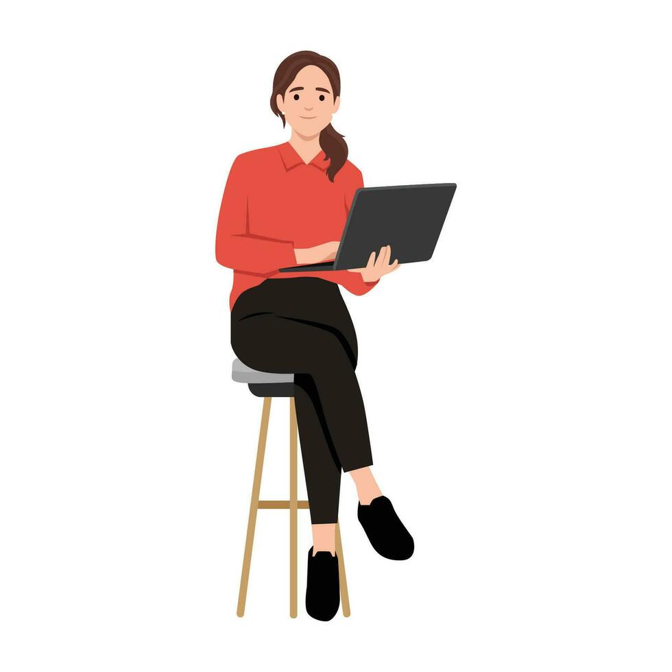 Young woman happy smiling. While her using laptop sitting on chair. vector