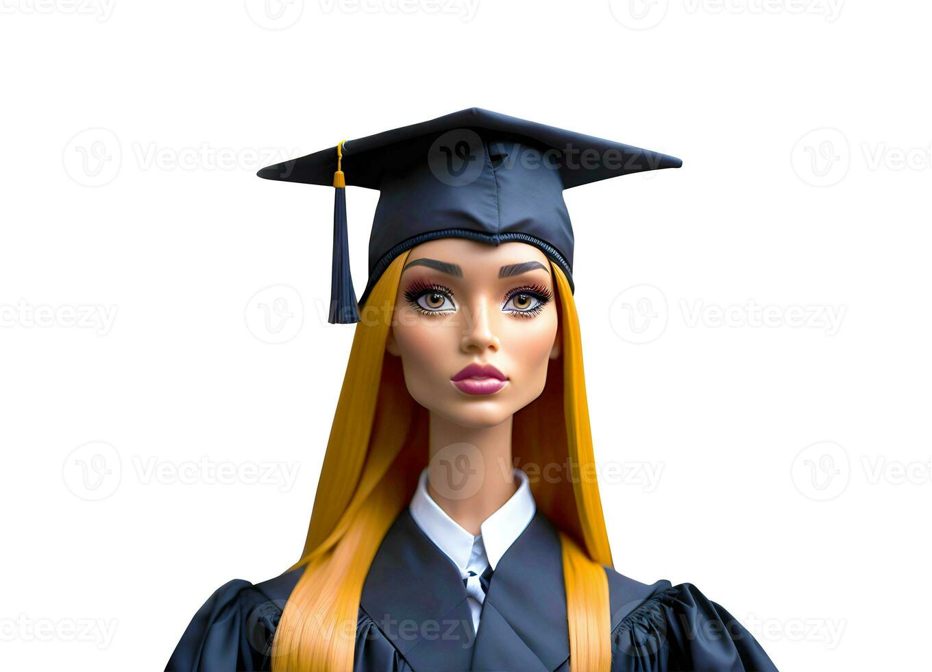 Cute cartoon school girl, plastic doll in college or graduate university. Student learning, concept of education. photo