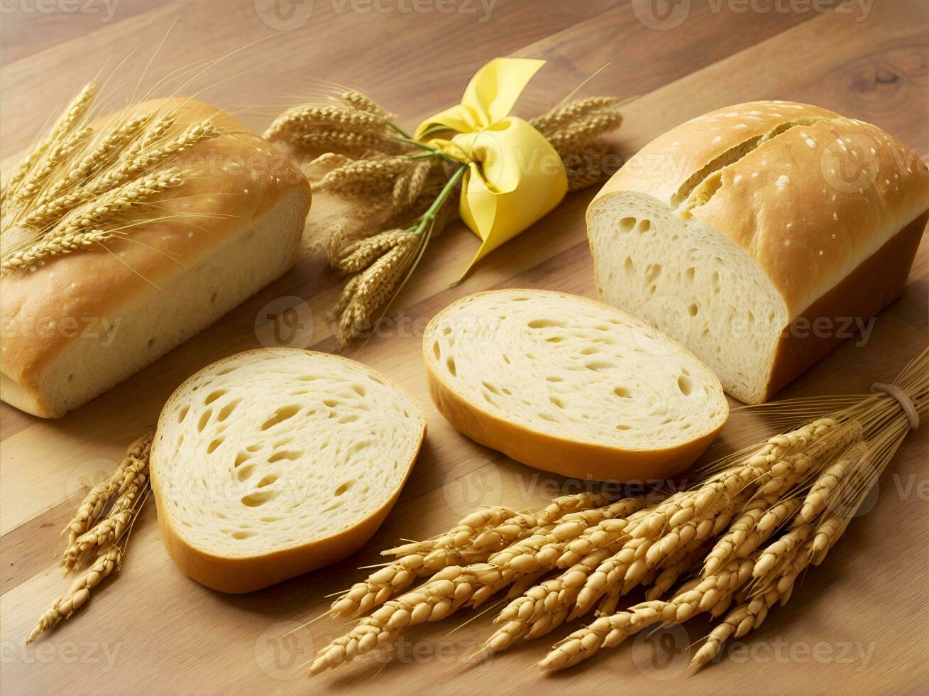 Concept of abundance and harvest, bread and ears of wheat. photo