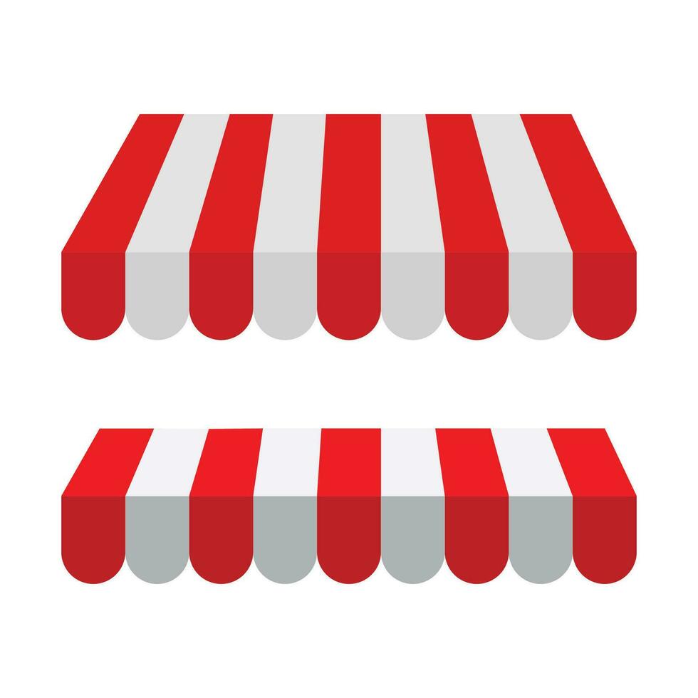 Awning canopy for shops, cafes and street restaurants. Striped red and white sunshade. Vector illustration.