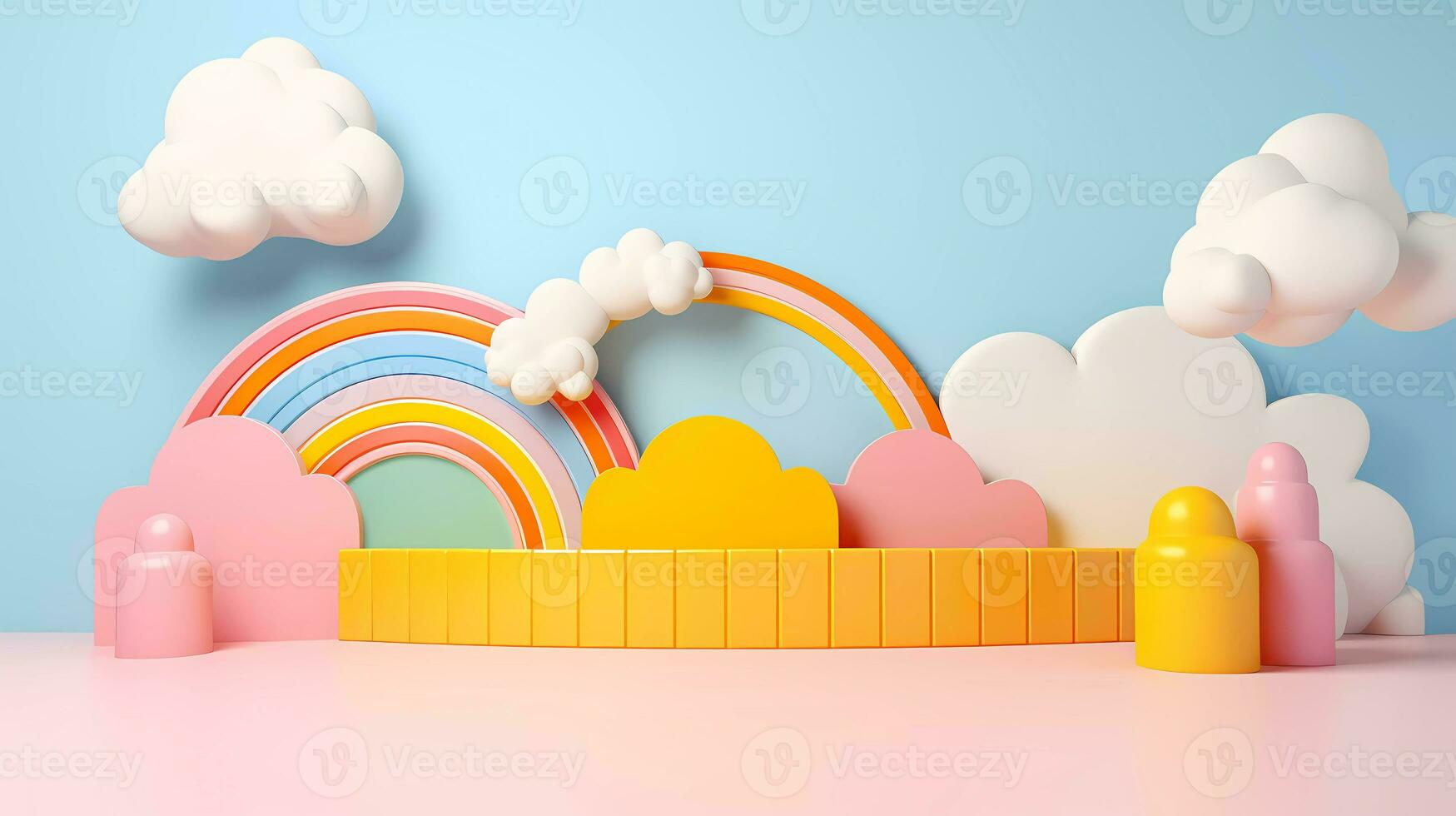 3d representación podio niño estilo, vistoso fondo, nubes y clima con vacío espacio para niños o bebé producto. brillante colores. foto