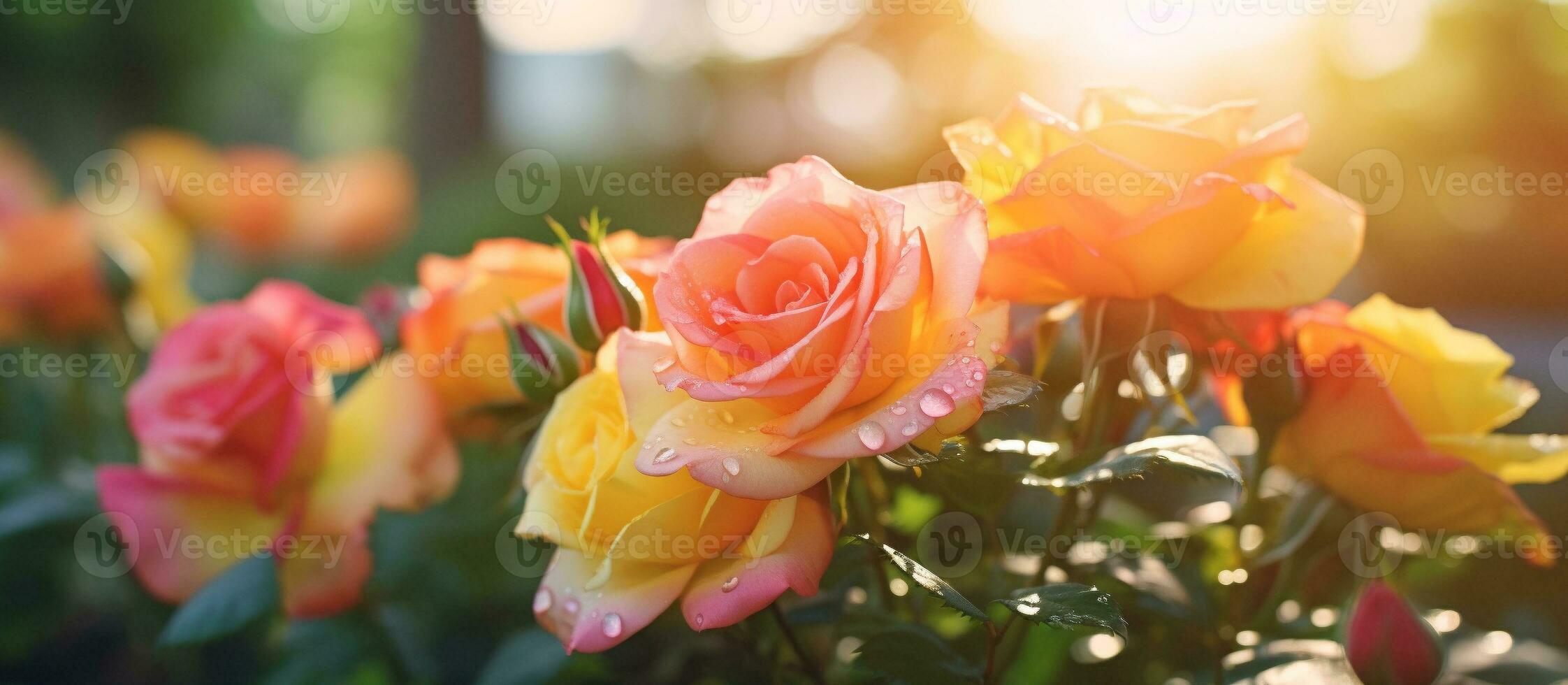 Pink and yellow rose flower in the garden and sunlight with bokeh,Generative AI photo