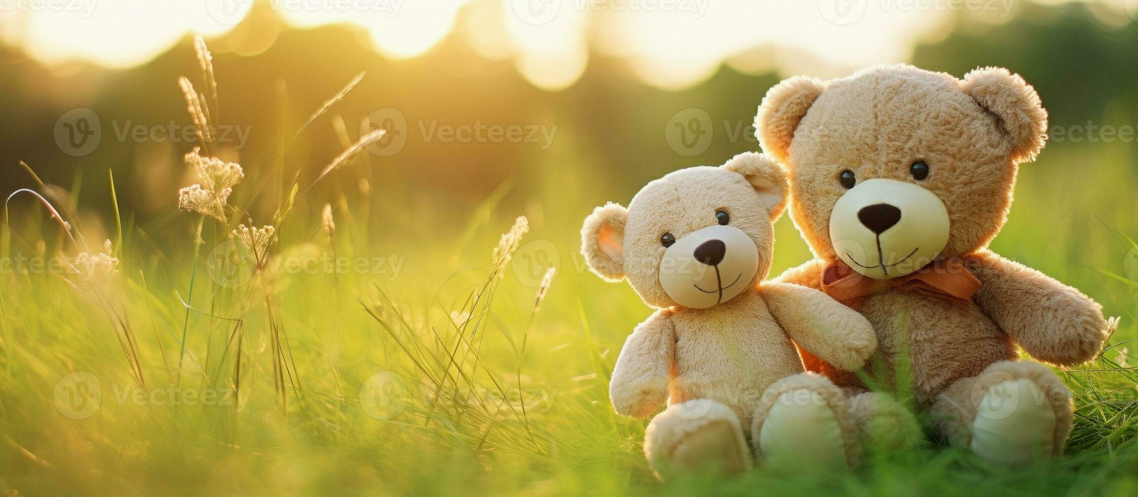 Couple teddy bears hugging flowers garden green grass, Valentine's day concept. Generative AI photo