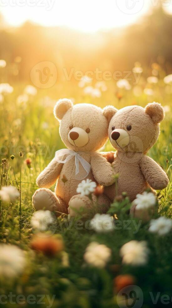 Couple teddy bears hugging flowers garden green grass, Valentine's day concept. Generative AI photo