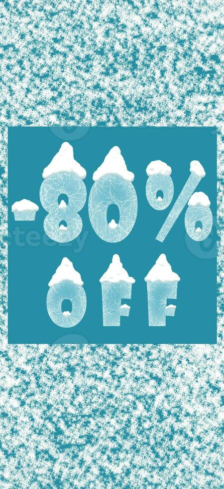 Promotional discount banner in winter style with many snowflakes behind a square frame on a blue background photo