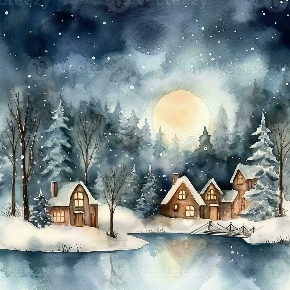 Winter village landscape. Watercolor New Year Background photo