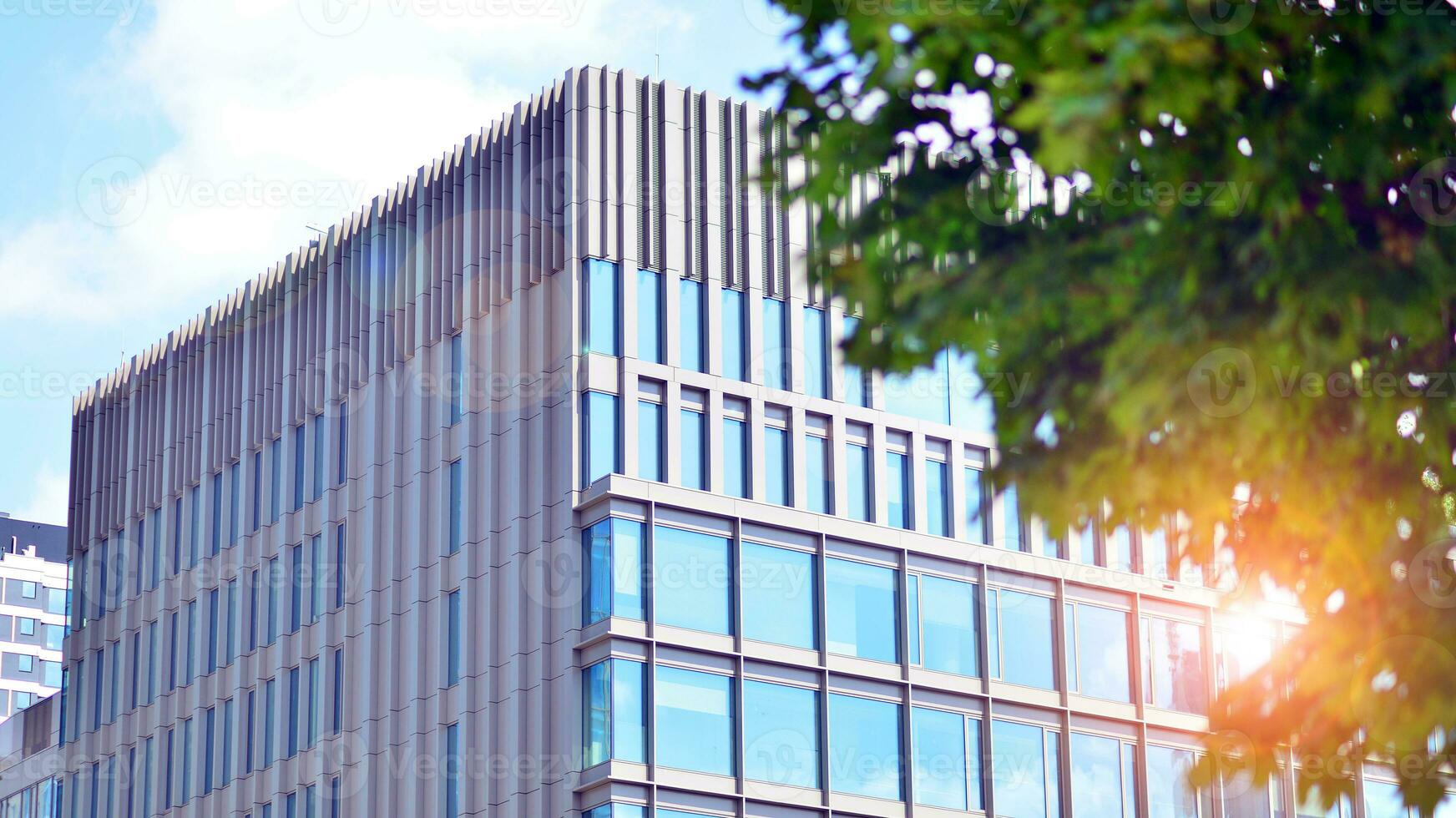 Fresh green trees and office building, business concept. Eco building in modern city concept. photo