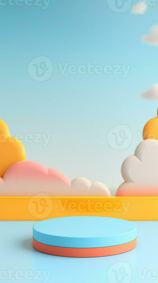 3D rendering podium kid style, colorful background, clouds and weather with empty space for kids or baby product. bright colors. photo