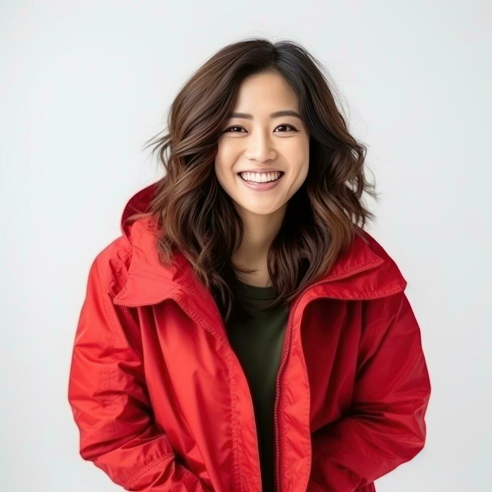 retrato de asiático mujer en vívido chaqueta, sonriente y mirando contento aislado foto