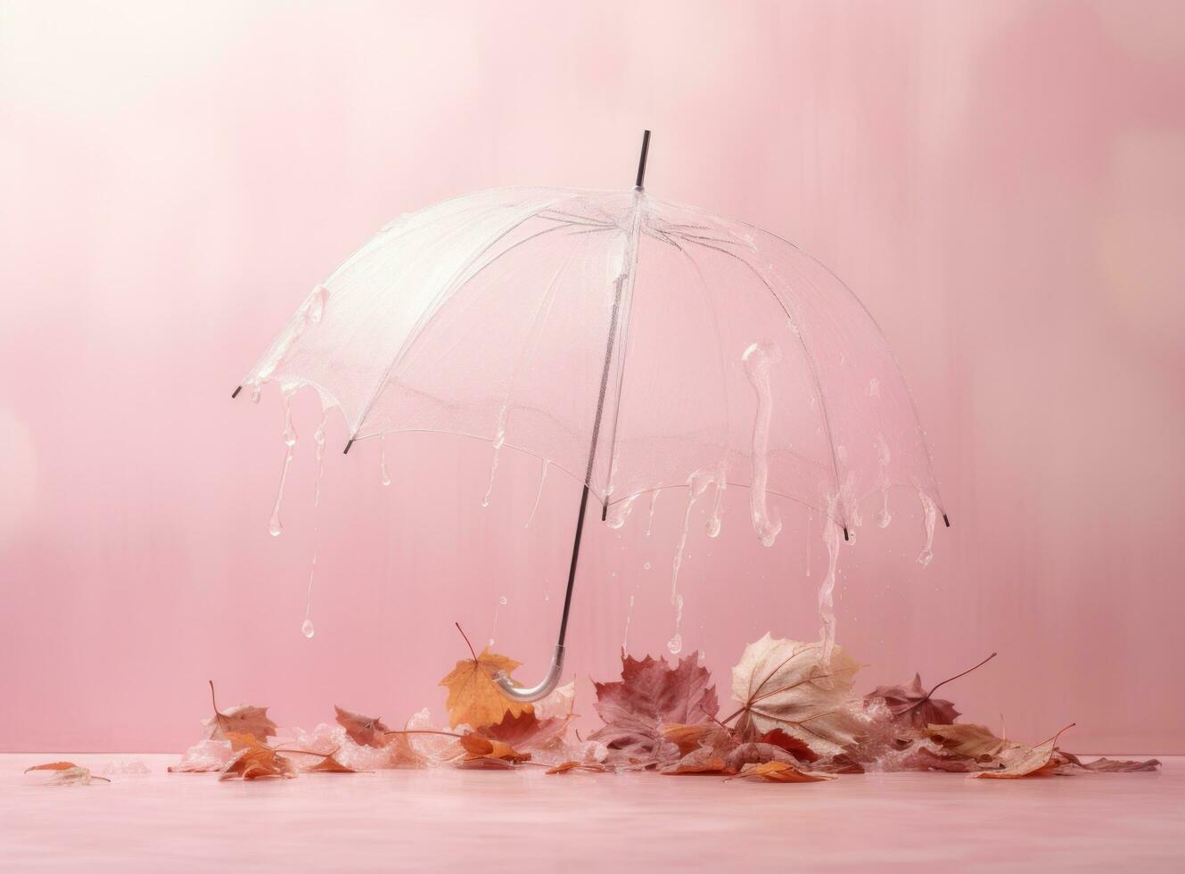 Pink background with autumn leaves and umbrella photo