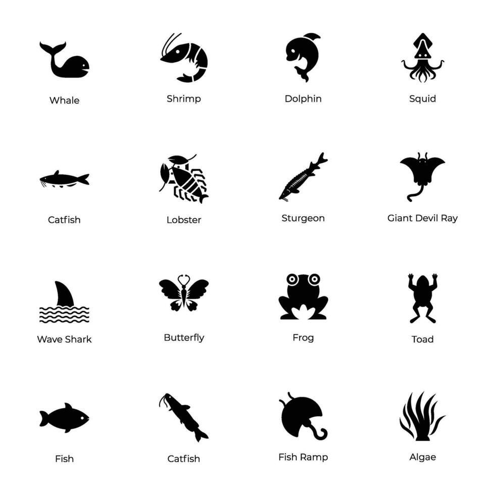 Pack of Aquatic Life Glyph Style Icons vector