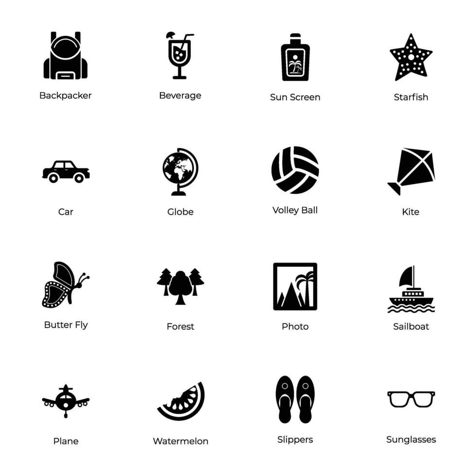 Travel Items Icon Set in Glyph Style vector
