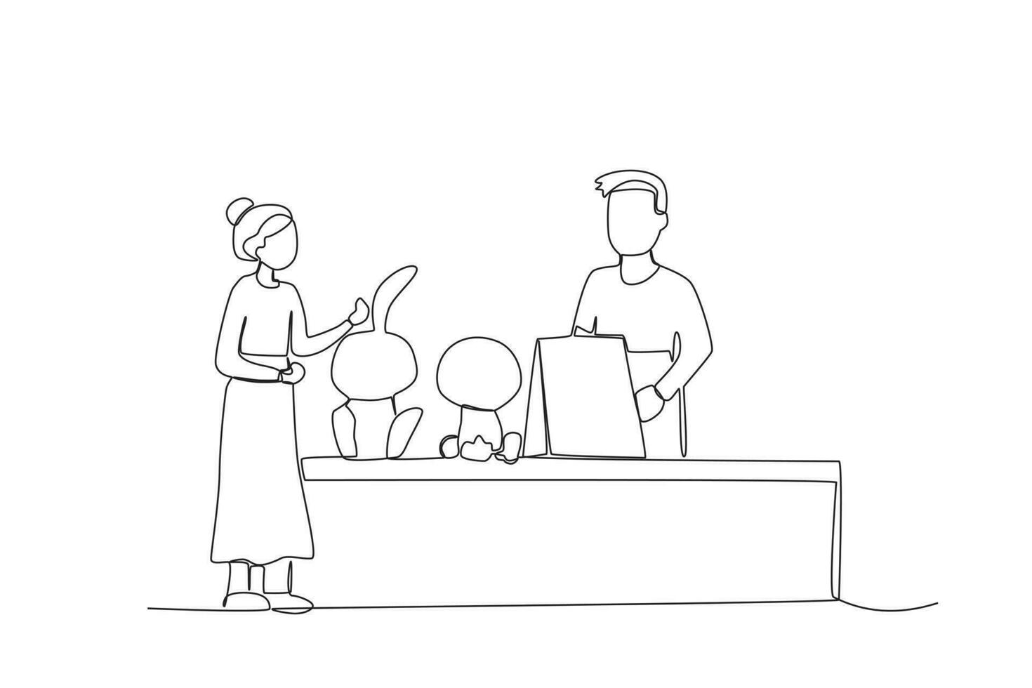 Continuous one line drawing of a doll seller serving customers at a traditional market vector
