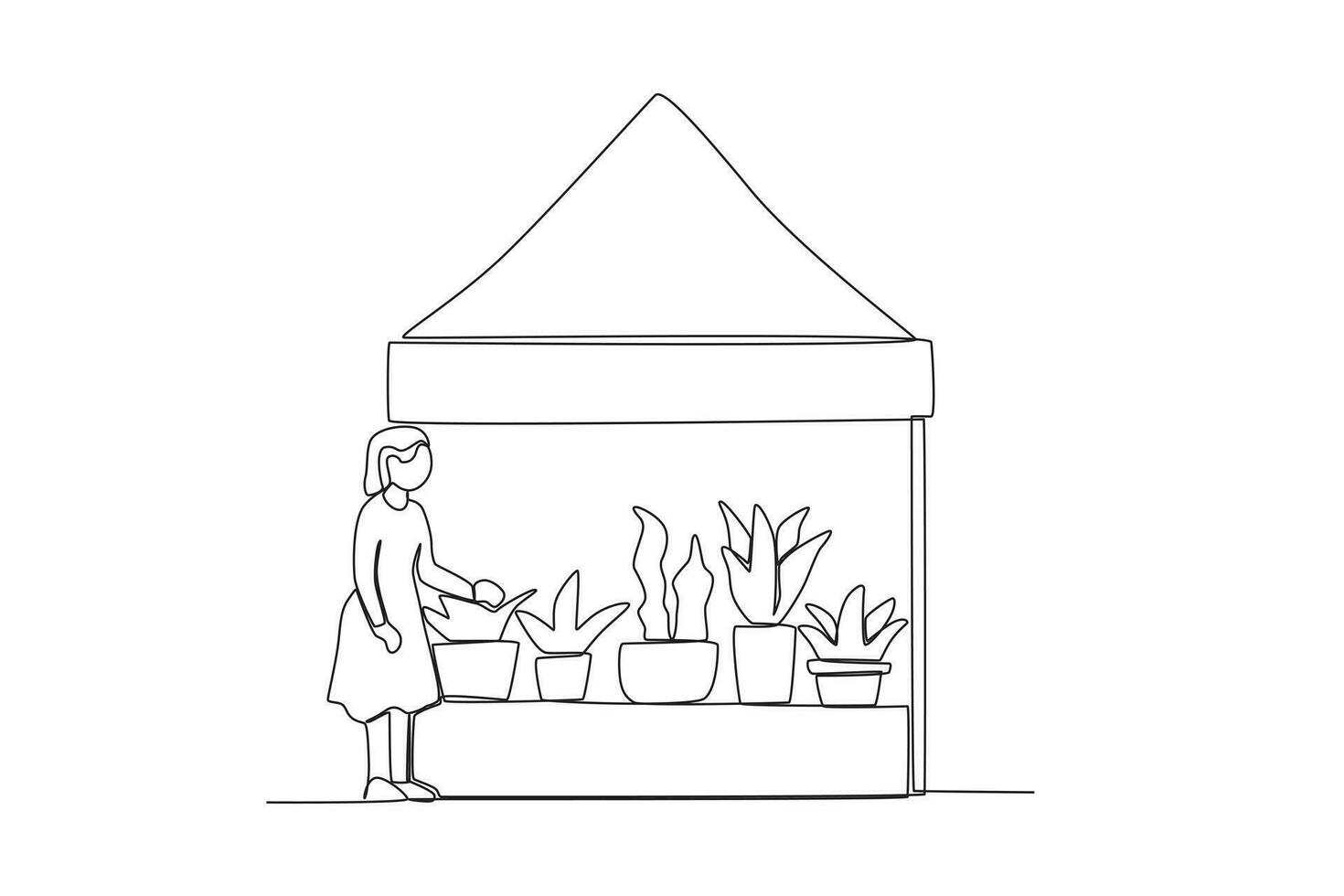 One continuous line drawing of a buyer looking at plants for sale vector