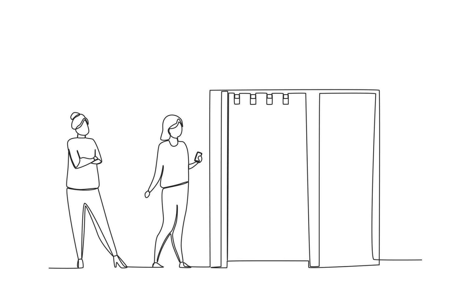 A continuous line drawing of customers queuing to use the changing rooms in a modern marketplace. vector