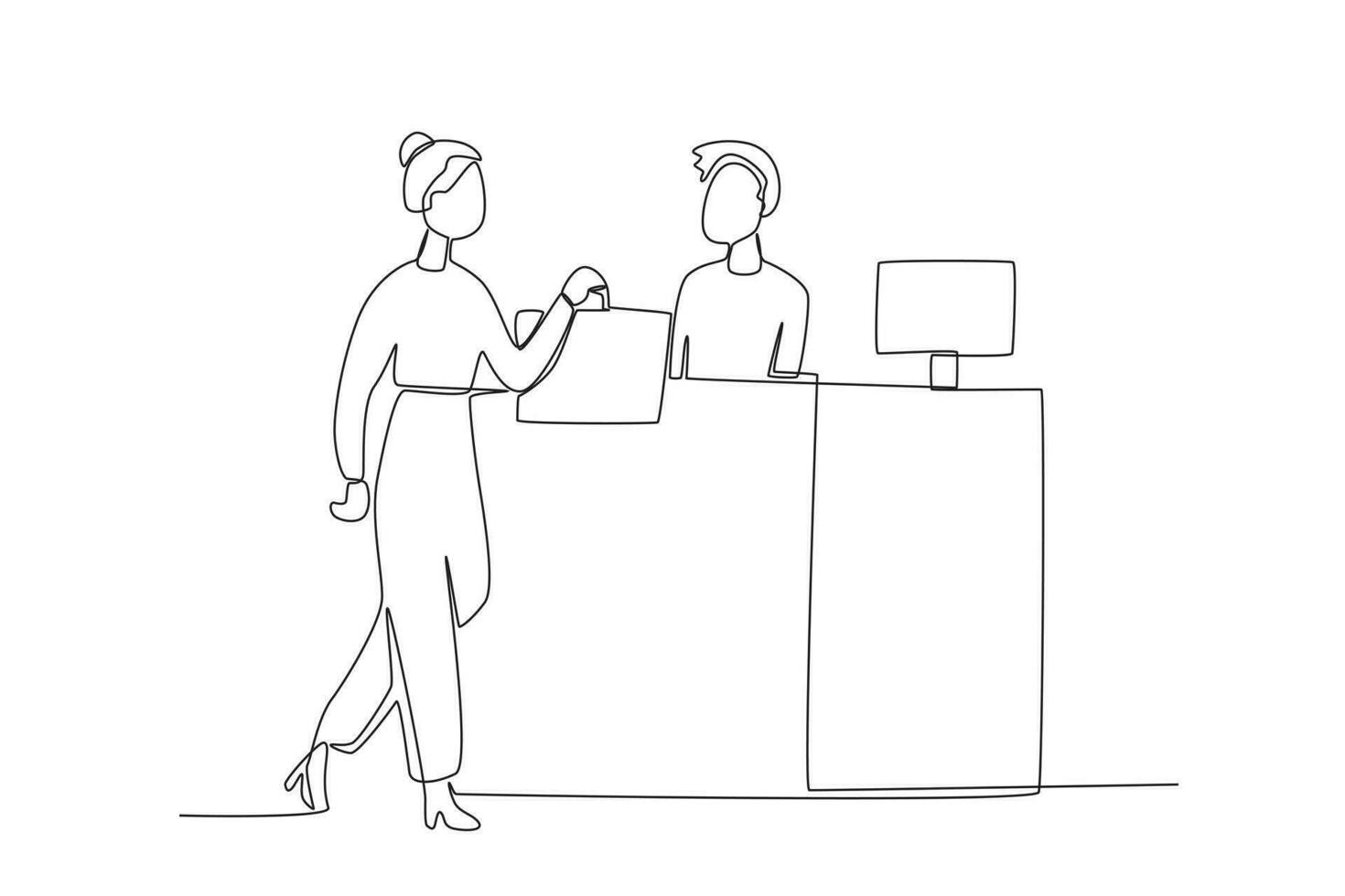 Continuous one-line image of a buyer making a payment to the cashier vector
