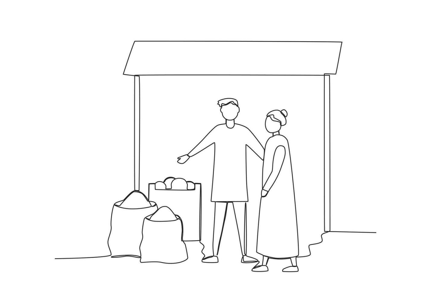 A continuous one-line drawing of a rice seller offering his wares at a traditional market vector