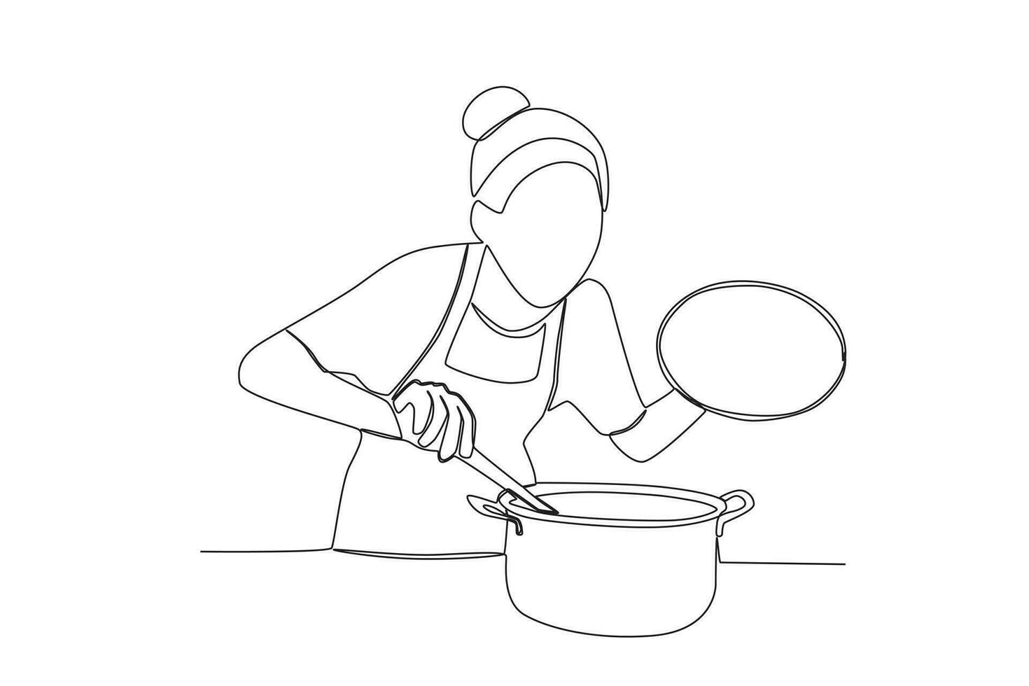 Single continuous line drawing of Woman is Checking Food Is Cooked or Not. Healthy food concept one line drawing design vector minimalism illustration.