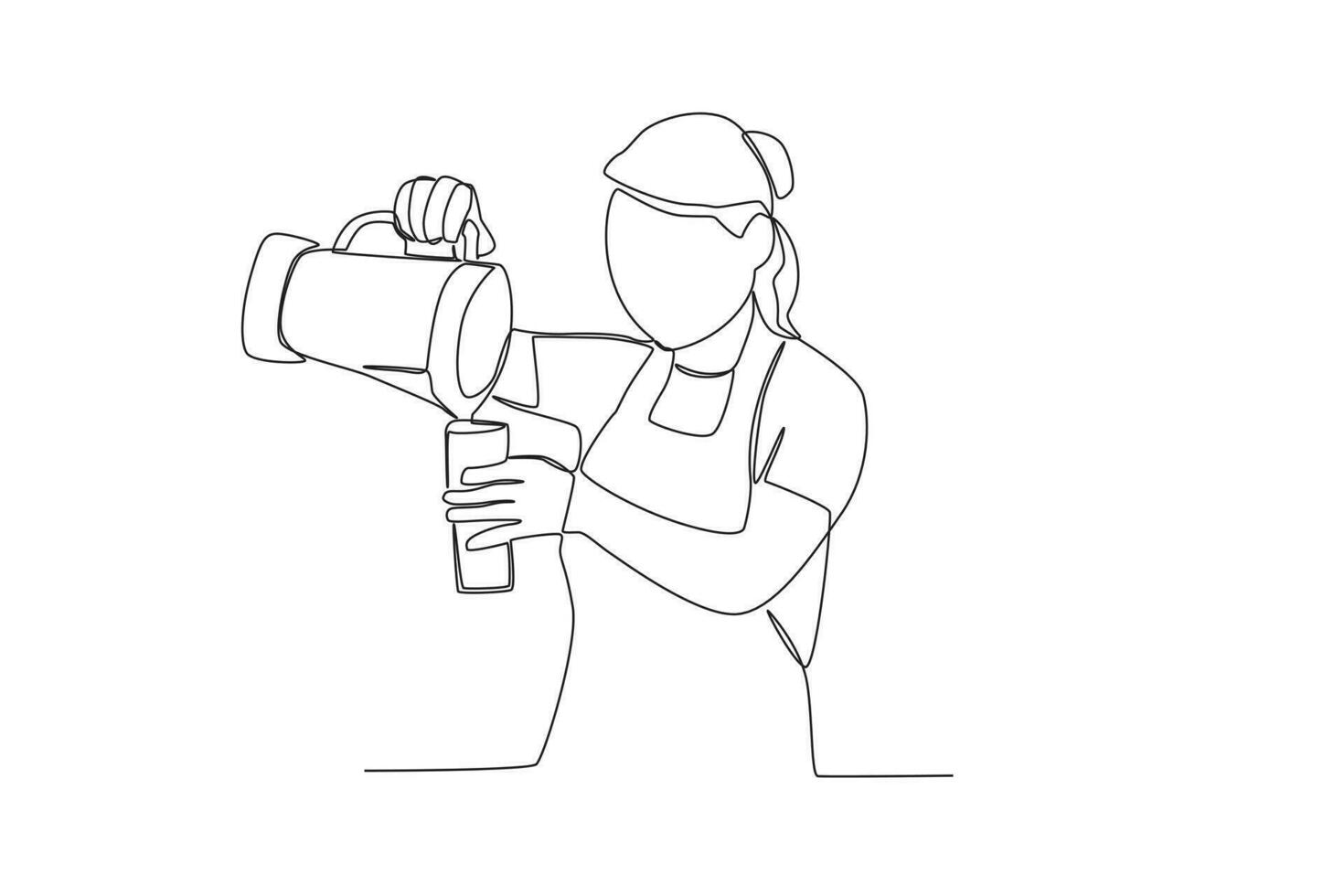 Single continuous line drawing of Woman Pouring Juice From Blender Into Long Glass. Healthy food concept one line drawing design vector minimalism illustration.