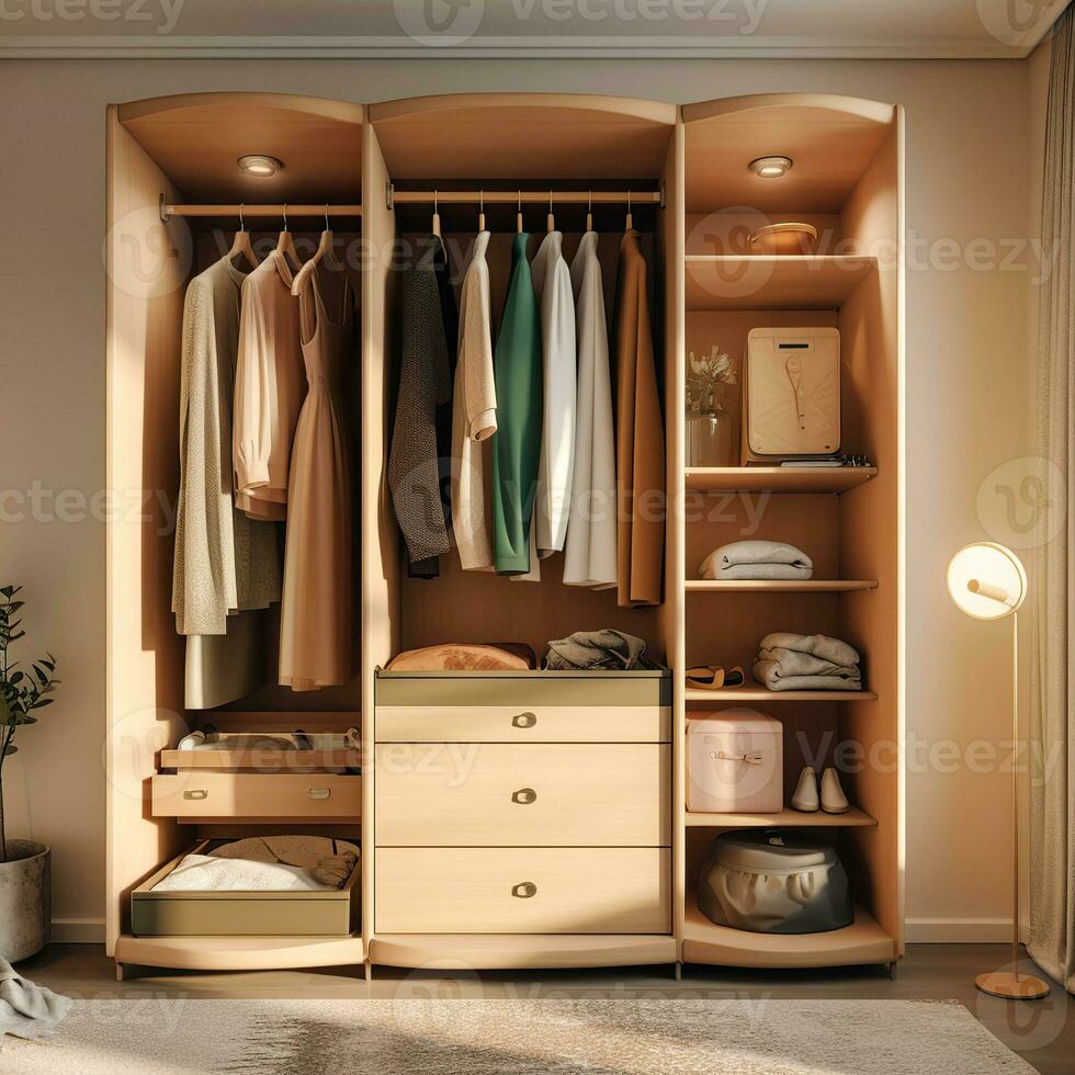 A stylish and functional wardrobe for clothing. Created with Generative AI photo